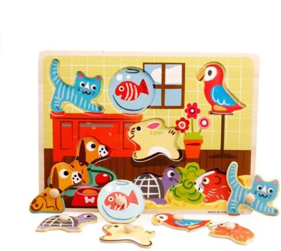Puzzle incastru lemn Animale de casa cu buton