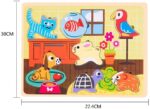 Puzzle incastru lemn Animale de casa cu buton