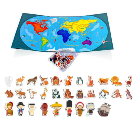 Puzzle magnetic Harta lumii Animale-Oameni in haine specifice