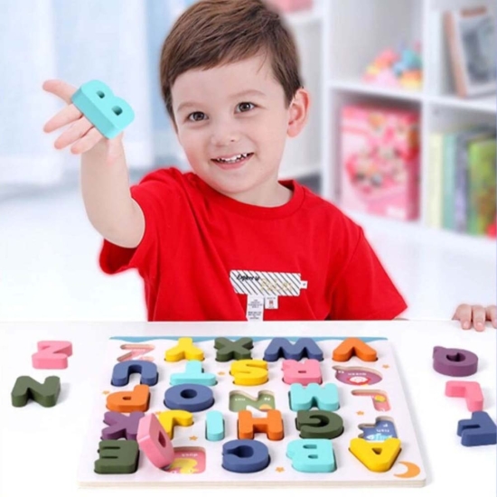 Puzzle educativ Montessori Alfabetul 3D cu imagini si cuvinte