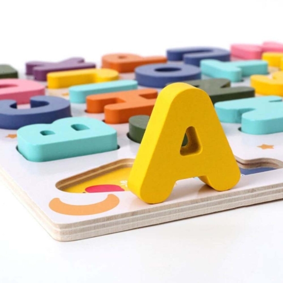 Puzzle educativ Montessori Alfabetul 3D cu imagini si cuvinte
