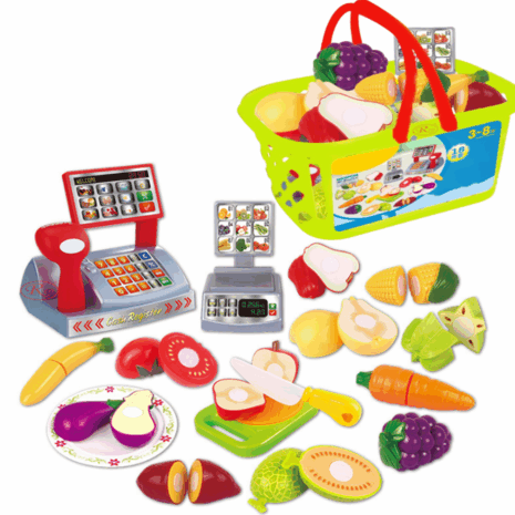 Supermarket legume-fructe Set cos Casa de marcat 18 piese