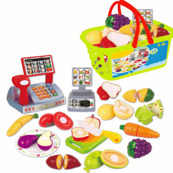 Supermarket legume-fructe Set cos Casa de marcat 18 piese Supermarket legume-fructe Set cos Casa de marcat 18 piese