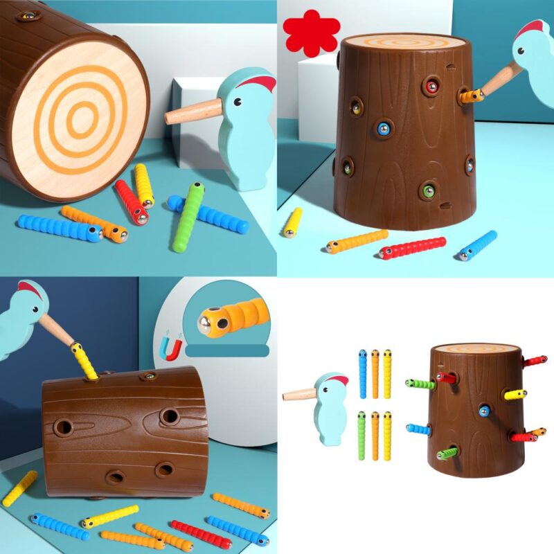 Pescuit magnetic Ciocanitoarea prinde viermisorii din copac