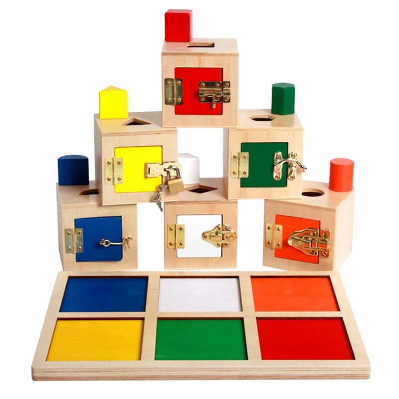 Set 6 cutii Montessori Incuie-descuie Forme geometrice