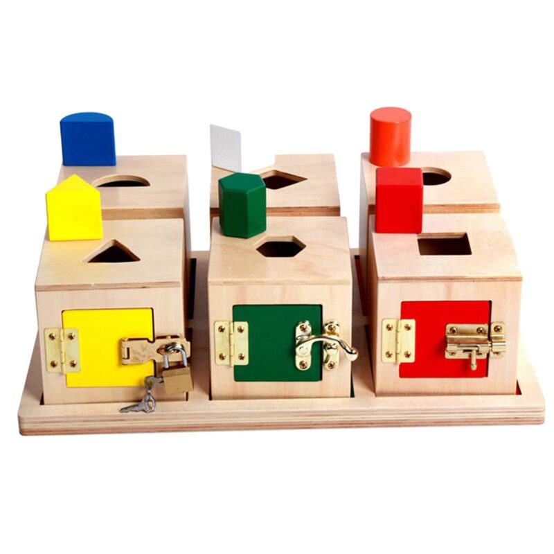Set 6 cutii Montessori Incuie-descuie Forme geometrice