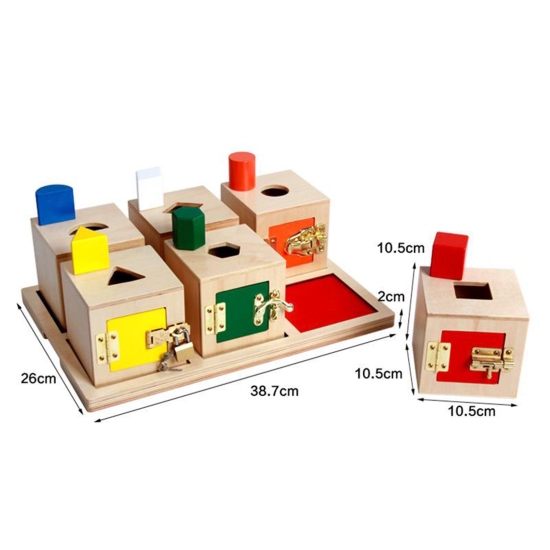 Set 6 cutii Montessori Incuie-descuie Forme geometrice