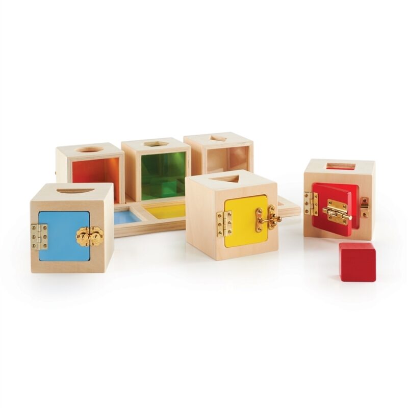 Set 6 cutii Montessori Incuie-descuie Forme geometrice