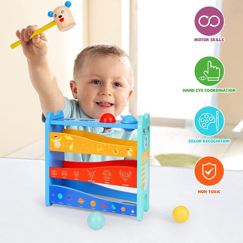 circuit-cu-bile-pista-ursulet-din-lemn-jucarie-cu-ciocanel