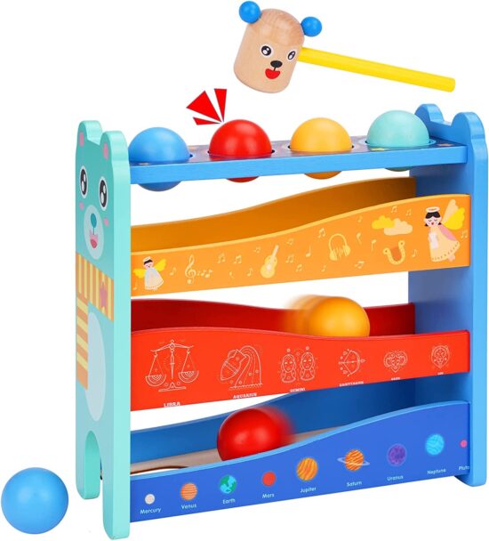 circuit-cu-bile-pista-ursulet-din-lemn-jucarie-cu-ciocanel