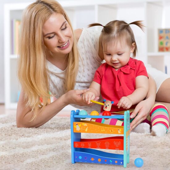 circuit-cu-bile-pista-ursulet-din-lemn-jucarie-cu-ciocanel