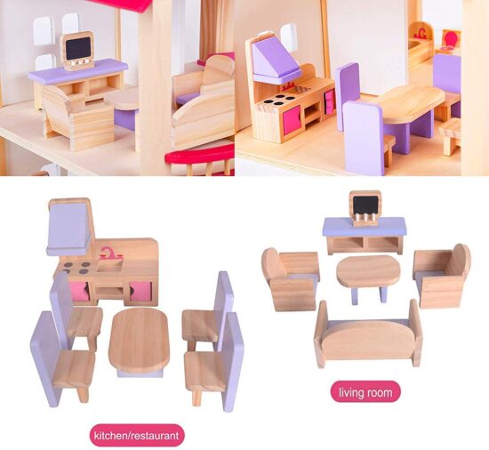 Casuta pentru papusi Mobilier cu accesorii lemn Roz