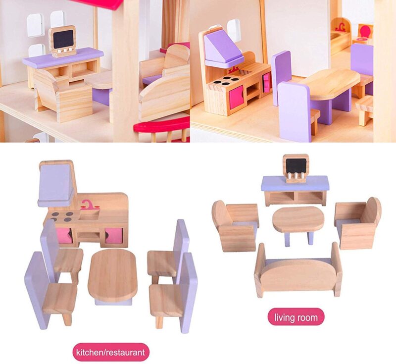 Casuta pentru papusi Mobilier cu accesorii lemn Roz