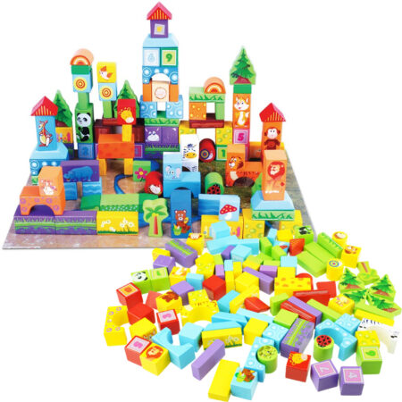 Cuburi constructie lemn Animale 100 piese Beilaluna