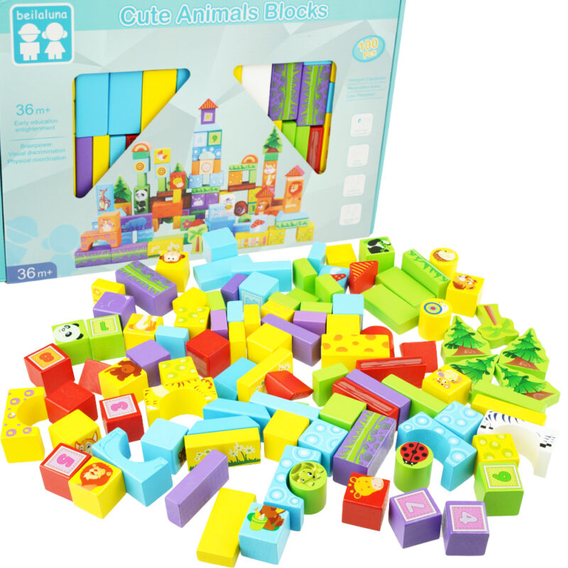 Cuburi constructie lemn Animale 100 piese Beilaluna