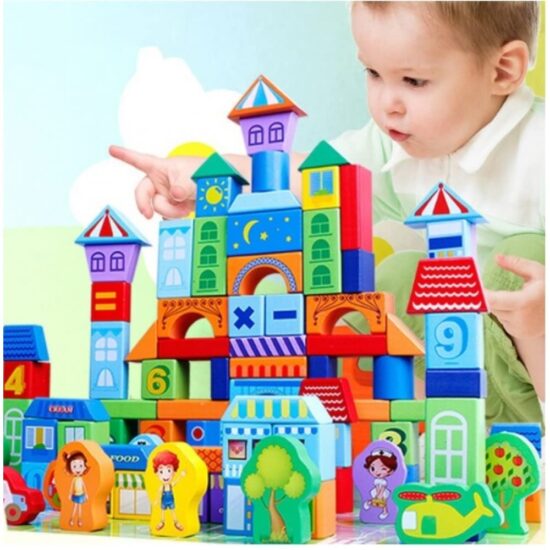 Cuburi constructie lemn Oraselul 100 piese Beilaluna