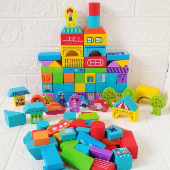 Cuburi constructie lemn Oraselul 100 piese Beilaluna