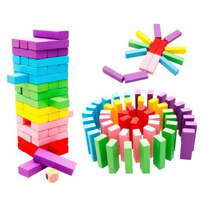 Cuburi stivuire Turnul Jenga din lemn 54 piese colorate