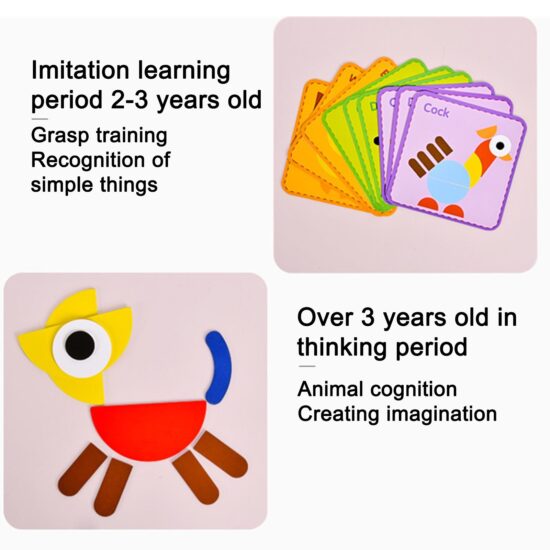 Puzzle lemn Montessori Tangram cu forme geometrice