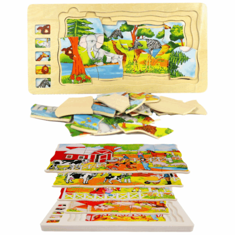 Puzzle in straturi Animalele din Jungla-Ferma din lemn
