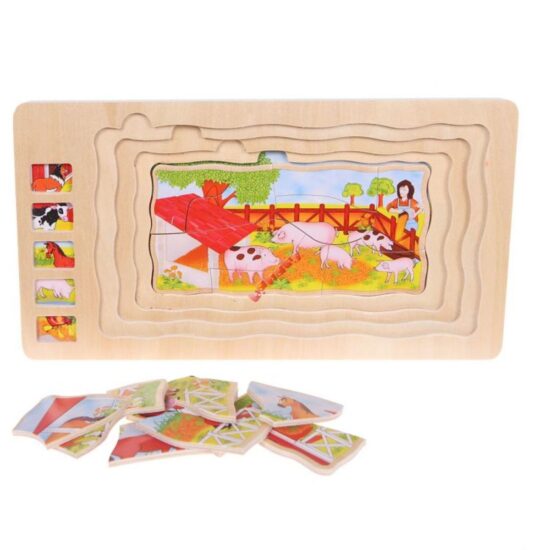 Puzzle in straturi Animalele din Jungla-Ferma din lemn