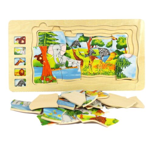 Puzzle in straturi Animalele din Jungla-Ferma din lemn