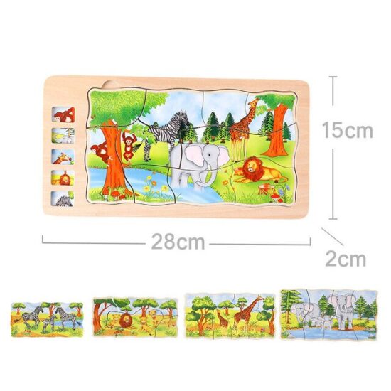 Puzzle in straturi Animalele din Jungla-Ferma din lemn
