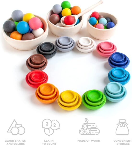 Set Montessori din lemn Sortare Bile Culori in cupe