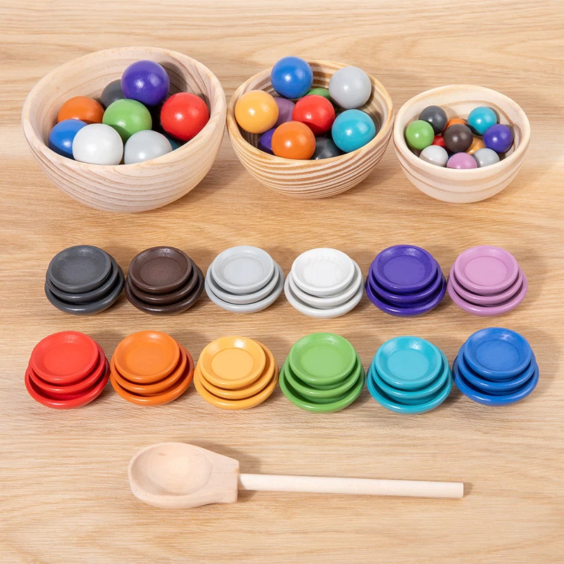 Set Montessori din lemn Sortare Bile Culori in cupe
