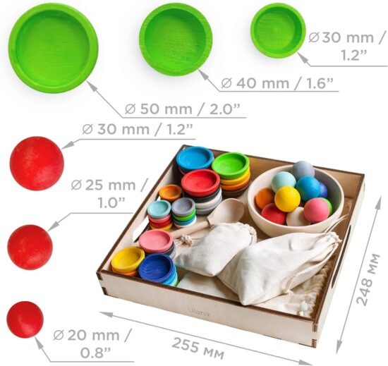 Set Montessori din lemn Sortare Bile Culori in cupe