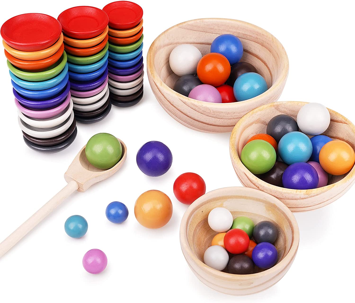 Set Montessori din lemn Sortare Bile Culori in cupe