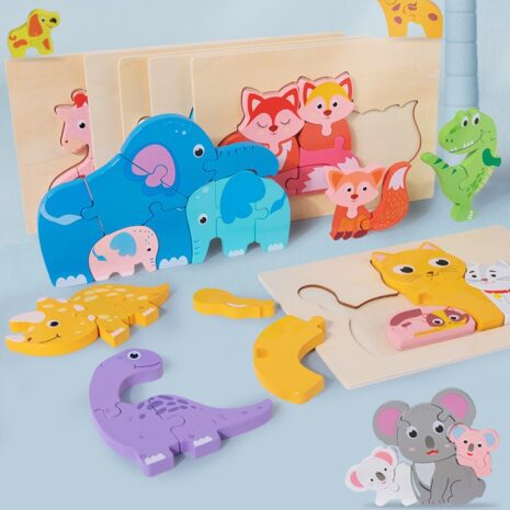 Puzzle 3D lemn Animale cu pui Piese groase copii mama si copiii
