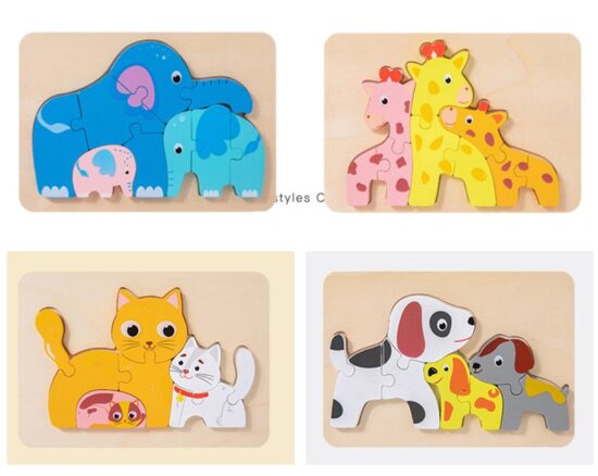 Puzzle 3D lemn Animale cu pui Piese groase copii mama si copiii