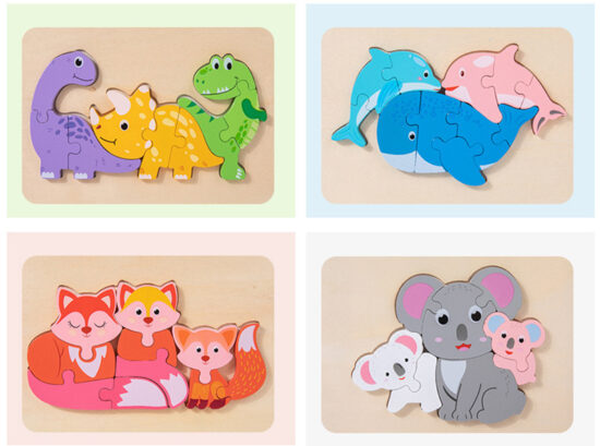 Puzzle 3D lemn Animale cu pui Piese groase copii mama si copiii