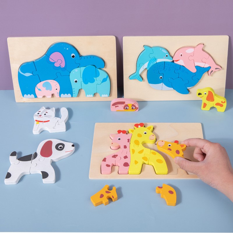 Puzzle 3D lemn Animale cu pui Piese groase copii mama si copiii