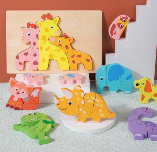 Puzzle 3D lemn Animale cu pui Piese groase copii mama si copiii