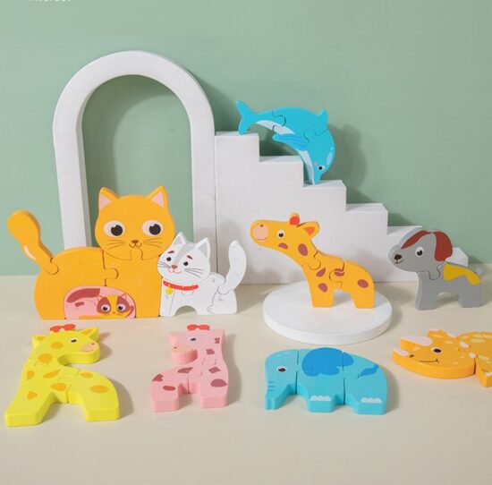 Puzzle 3D lemn Animale cu pui Piese groase copii mama si copiii