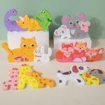 Puzzle 3D lemn Animale cu pui Piese groase copii mama si copiii