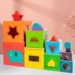 Joc Piramida cu Animale si Forme geometrice Set 8 Cuburi Turn