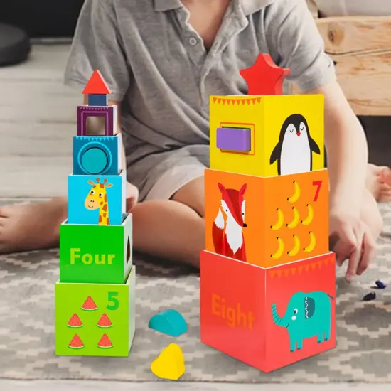 Joc Piramida cu Animale si Forme geometrice Set 8 Cuburi Turn