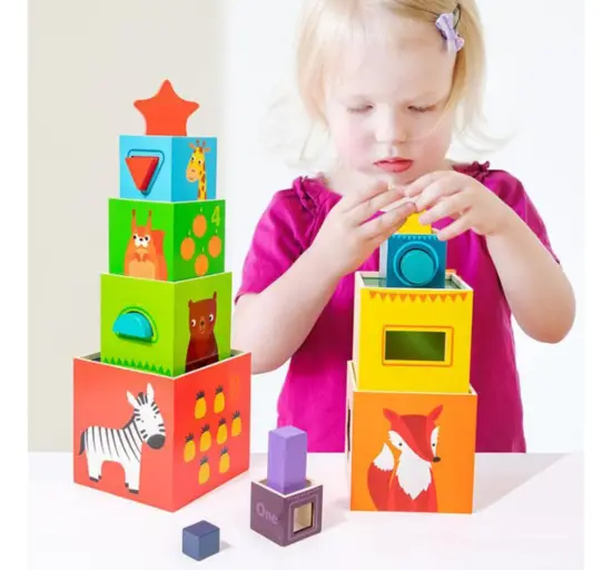 Joc Piramida cu Animale si Forme geometrice Set 8 Cuburi Turn