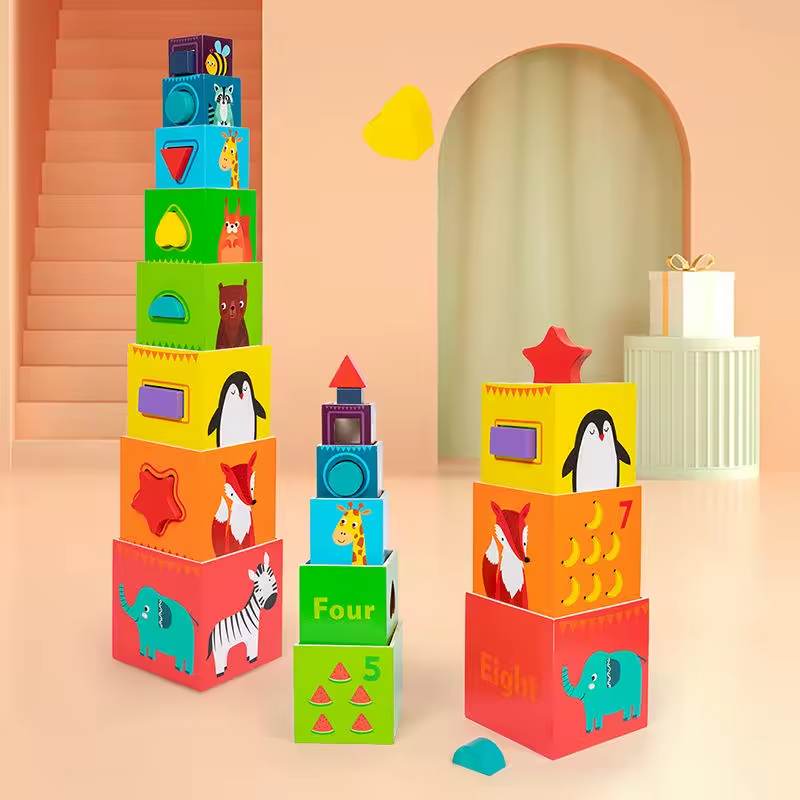 Joc Piramida cu Animale si Forme geometrice Set 8 Cuburi Turn
