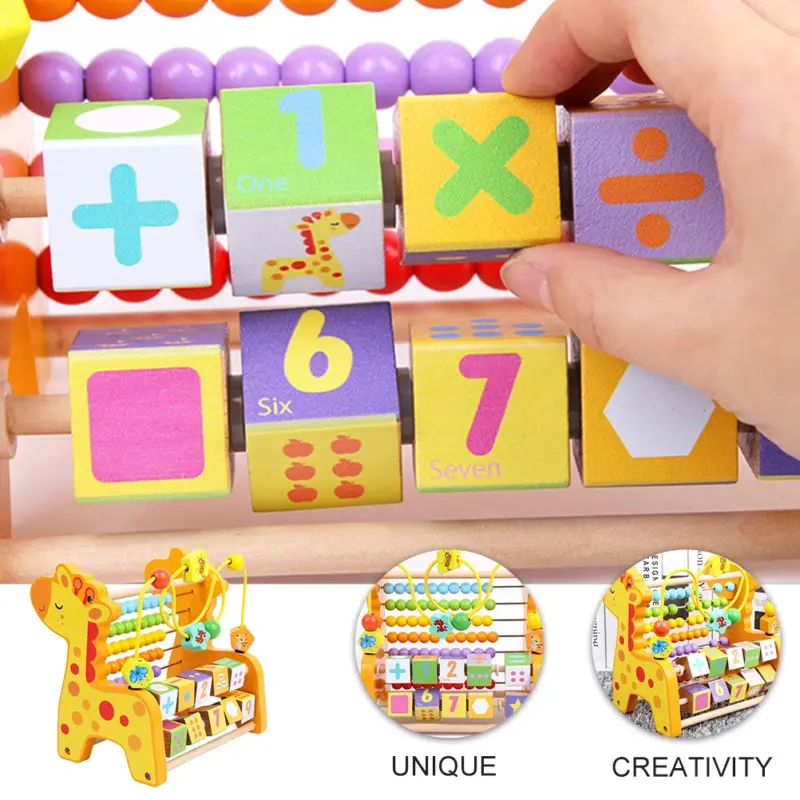 Girafa din lemn cu jucarie motrica si abac