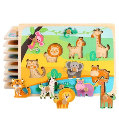 Puzzle din lemn colorat Incastru cu maner gros Ferma animalelor