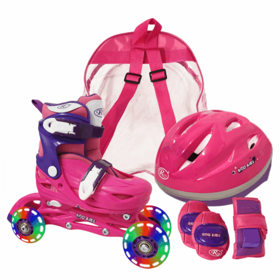 Set Role reglabile Fucsia 4 roti Cotiere Casca protectie Set Role reglabile Fucsia 4 roti Cotiere Casca protectie
