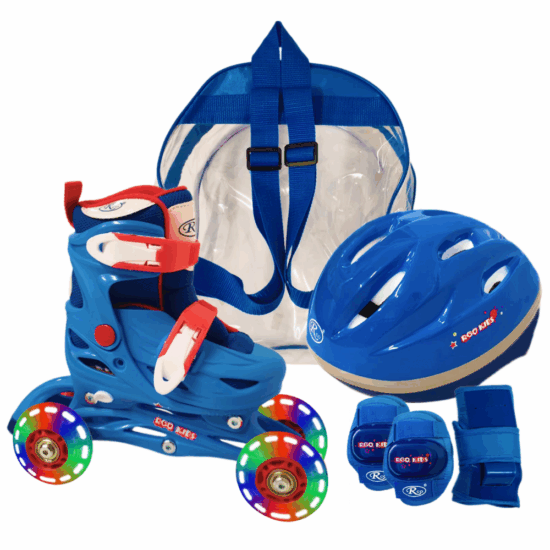 Set Role reglabile copii albastru 4 roti luminoase Casca