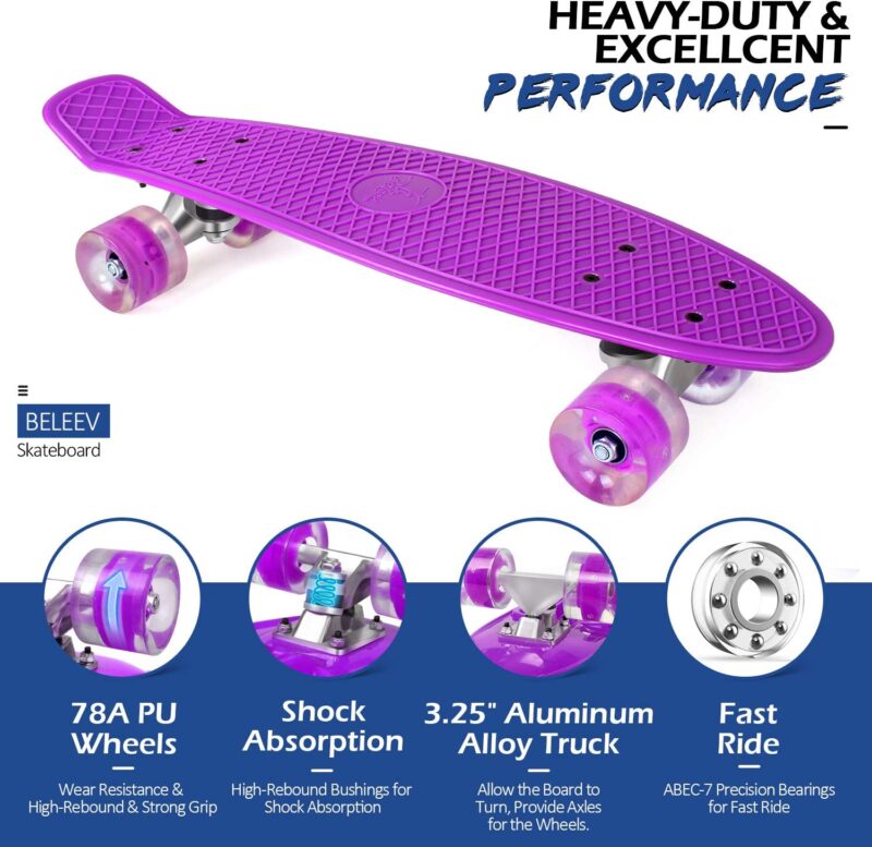 Penny Board cu roti din silicon cu lumini Mov