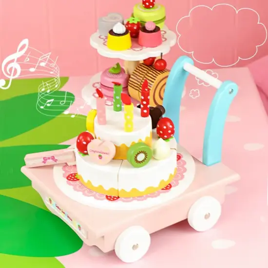 Carucior lemn Tortul muzical Stand cu desert Briose