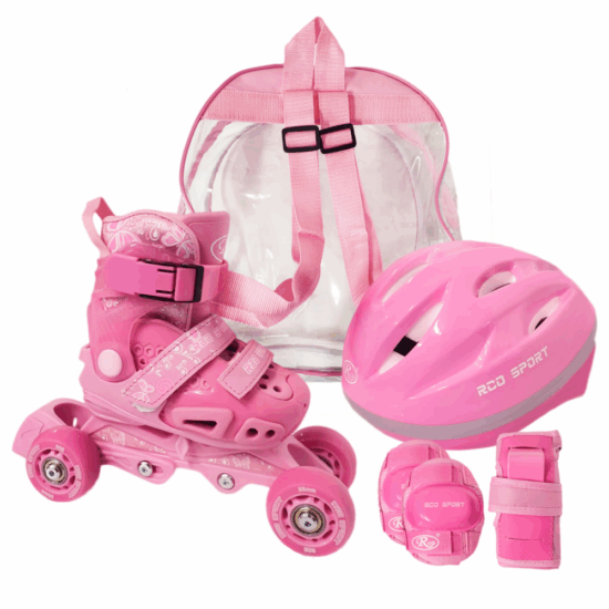Set Role reglabile Roz casca cotiere genunchiere copii Set Role reglabile Roz casca cotiere genunchiere copii