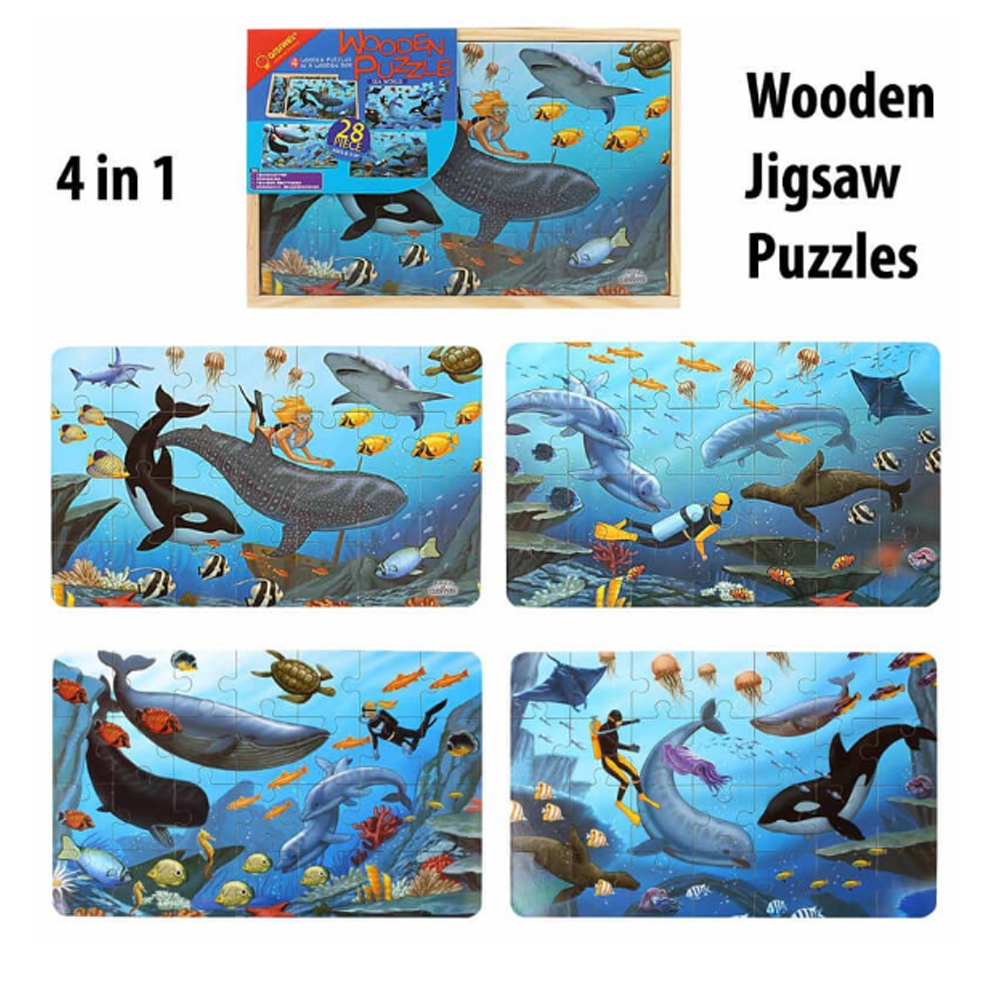 Jucarie Puzzle 4in1 Animale Marine in cutie din lemn